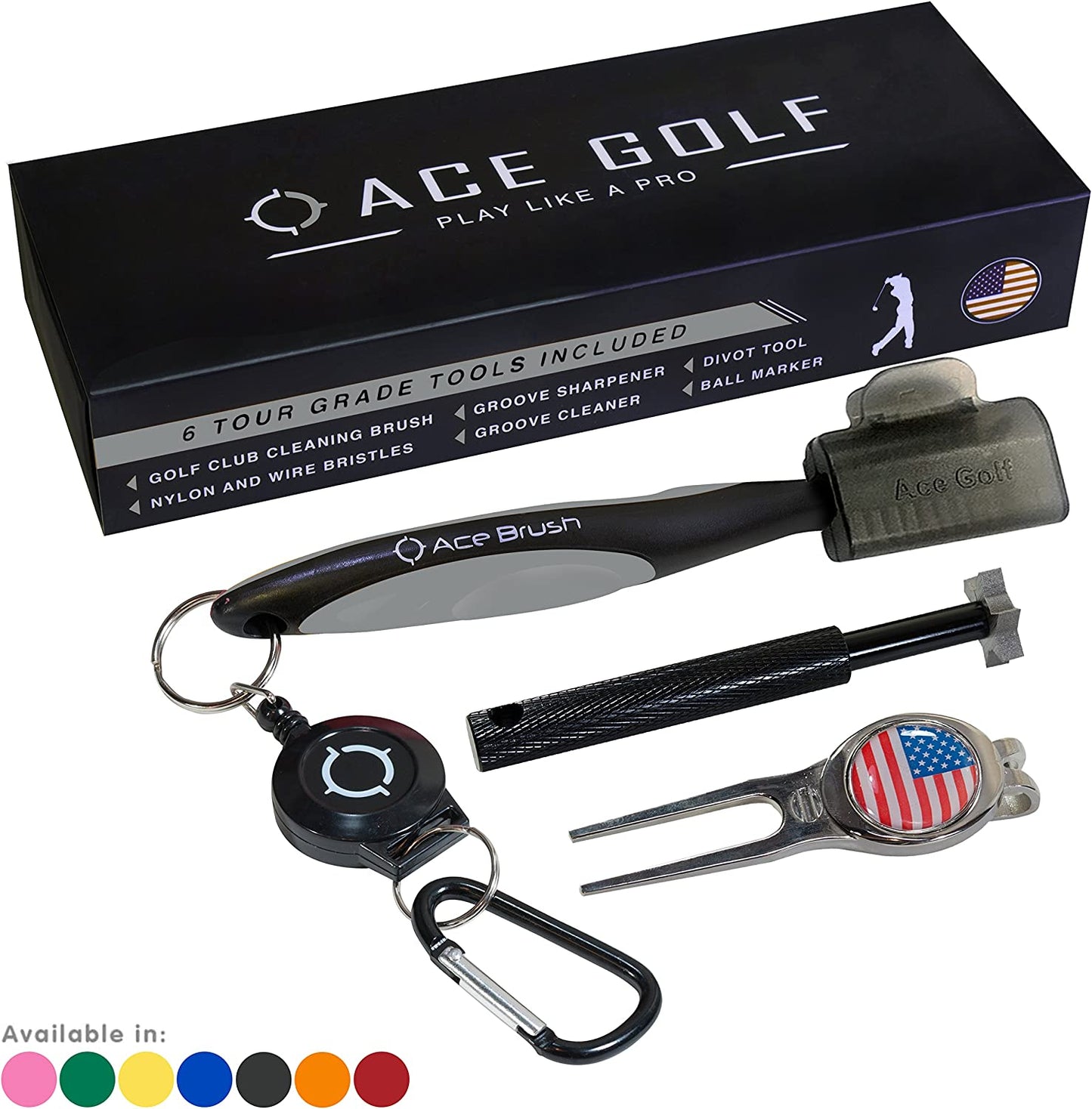 Golf Brush and Club Groove Cleaner Set with Divot Tool, Ball Marker, Groove Sharpener, and Retractable Aluminum Carabiner - Lightweight and Ergonomically Designed for Easy Attachment to Golf Bags