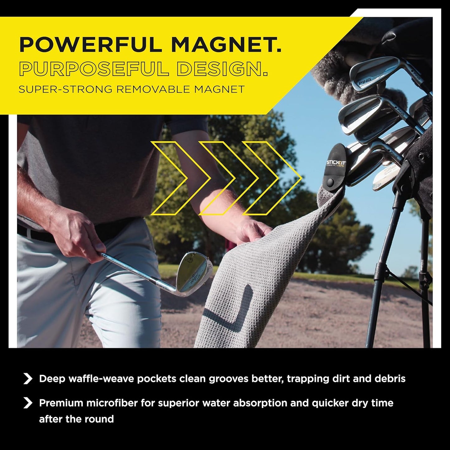 Gray Magnetic Golf Towel | Premium Microfiber with Deep Waffle Pockets | Durable Magnet for Secure Attachment to Golf Carts or Clubs